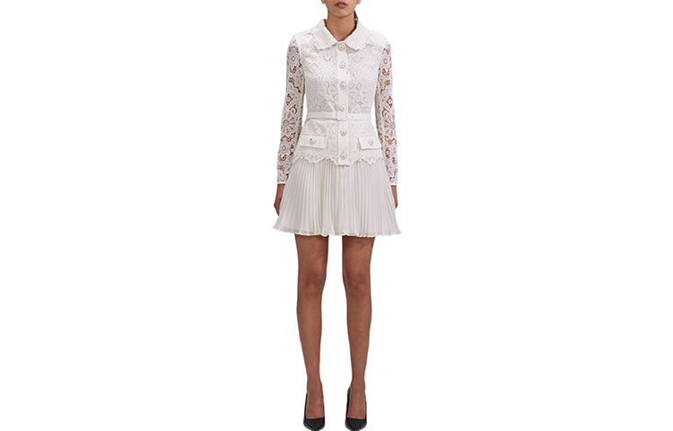 Self-Portrait FW22 White Pleated Lace Floral Long Sleeve Dress AW22-932S 圖 2