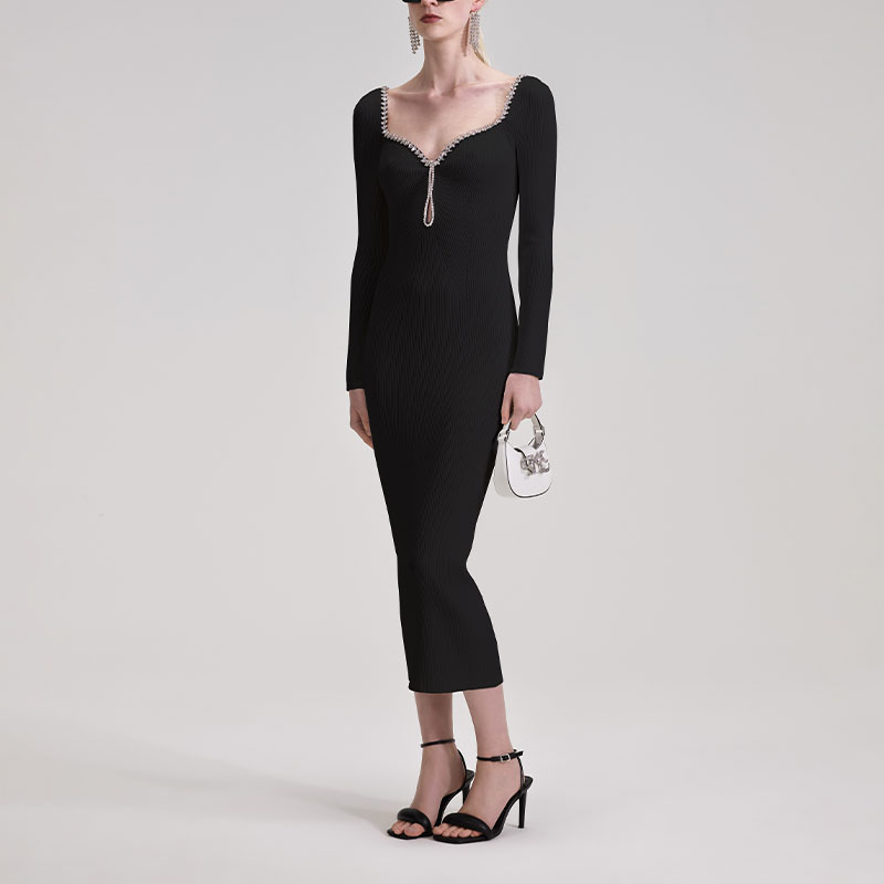 Self-Portrait FW23 Black Knit Long Sleeve Midi Dress with Chain Trim Details SWF343M01800911 圖 3