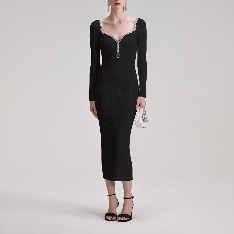 Self-Portrait FW23 Black Knit Long Sleeve Midi Dress with Chain Trim Details SWF343M01800911 圖 4