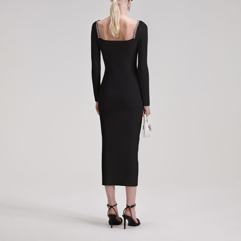 Self-Portrait FW23 Black Knit Long Sleeve Midi Dress with Chain Trim Details SWF343M01800911 圖 5