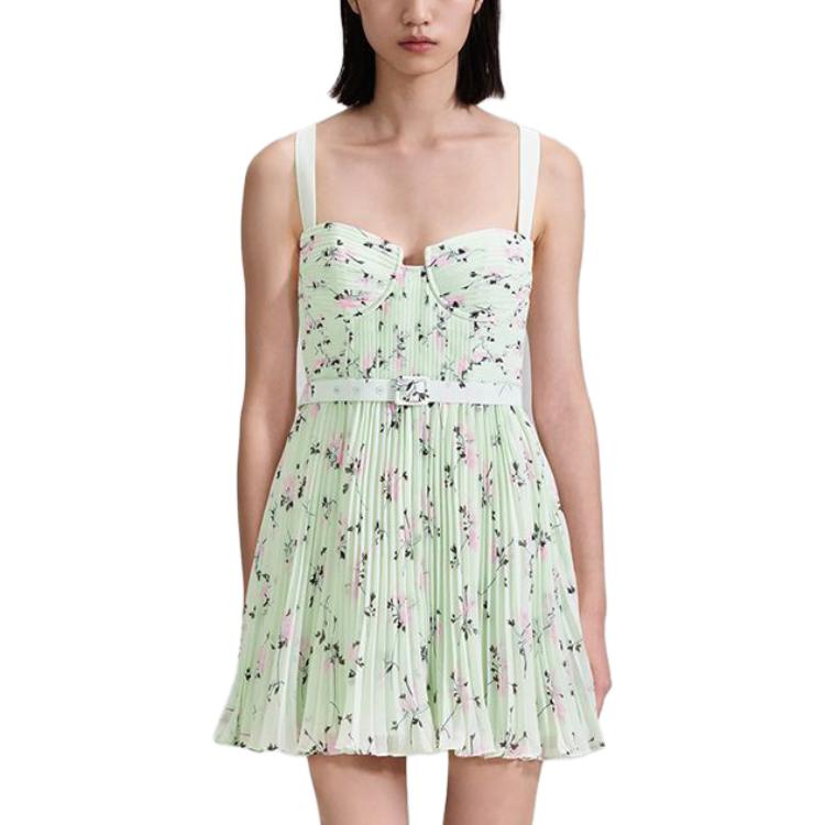 Shop Self-Portrait 綠色花卉蕾絲方領無袖連衣裙 SWF343Y11300