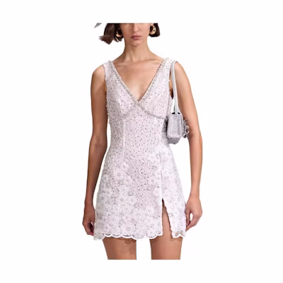 Self-Portrait Ivory Sequin V-Neck Sleeveless Dress SWF342Y21600