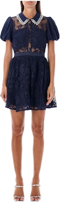 Vestido Mini Azul Manga Corta con Cuello de Encaje de Self-Portrait AW23099SBLNAVY Buy Vestido Mini Azul Manga Corta con Cuello de Encaje de Self-Portrait AW23099SBLNAVY