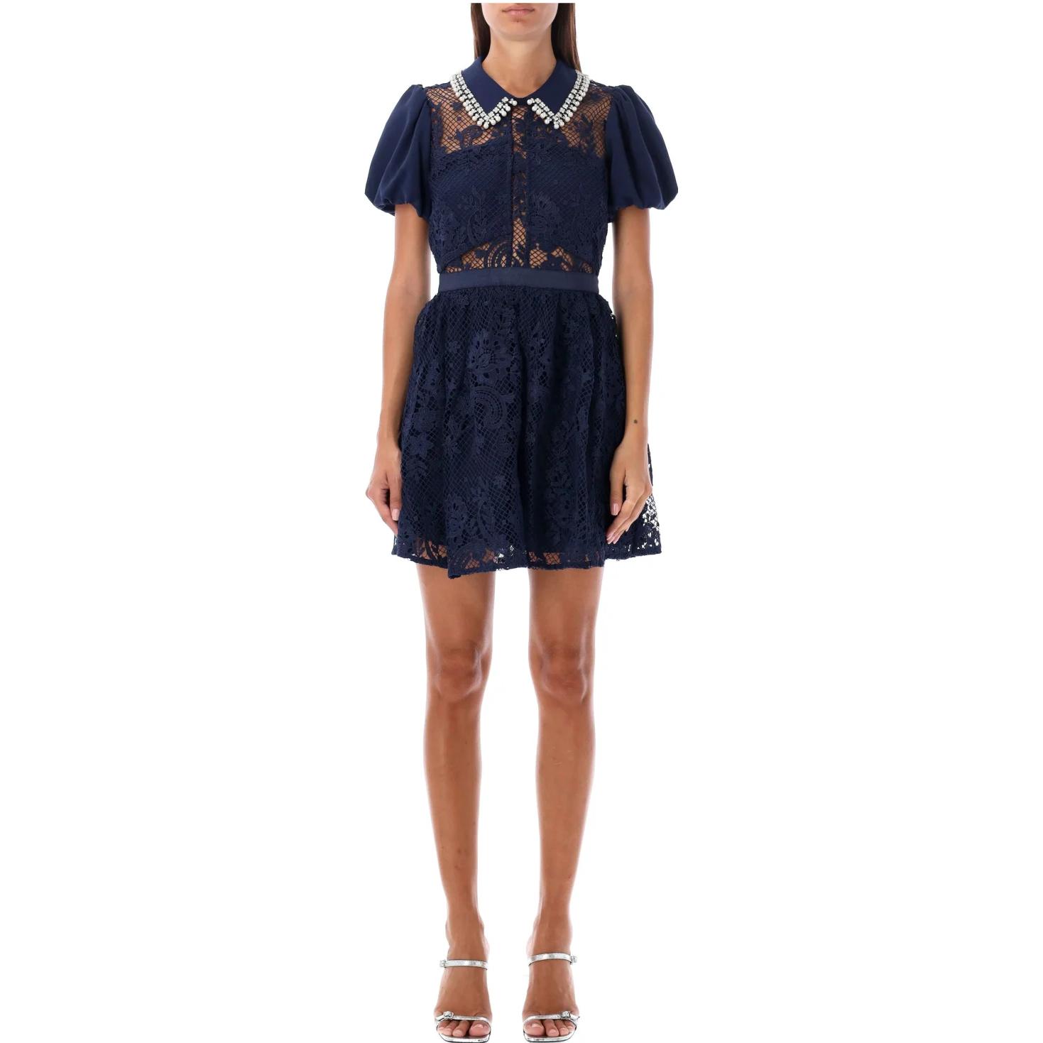 Lookbook Vestido Mini Azul Manga Corta con Cuello de Encaje de Self-Portrait AW23099SBLNAVY