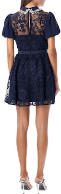 Vestido Mini Azul Manga Corta con Cuello de Encaje de Self-Portrait AW23099SBLNAVY Shop Vestido Mini Azul Manga Corta con Cuello de Encaje de Self-Portrait AW23099SBLNAVY