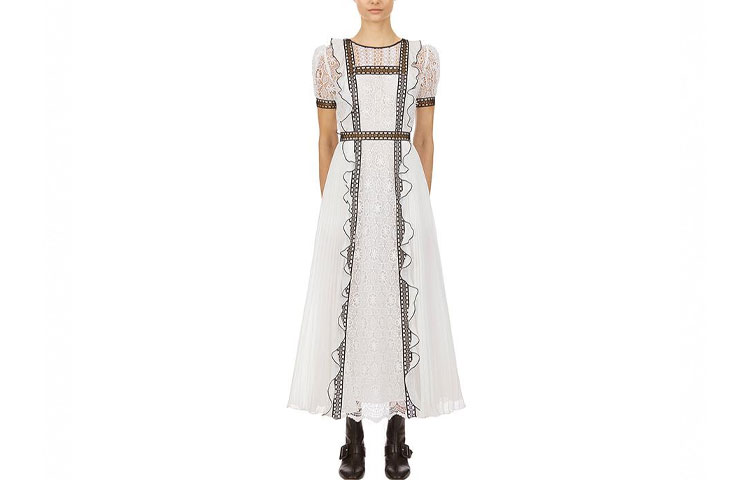 Self-Portrait Lace Panel Short-Sleeve Fitted Midi Dress. SWF322Y13400