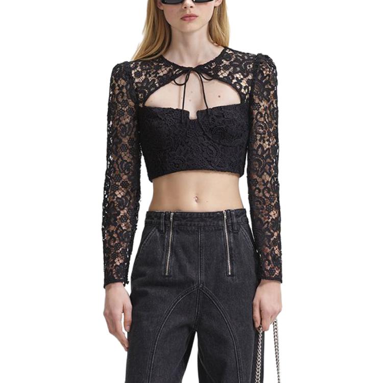 Lookbook Self-Portrait 經典黑色蕾絲綁帶緊身上衣 SWF344C02200