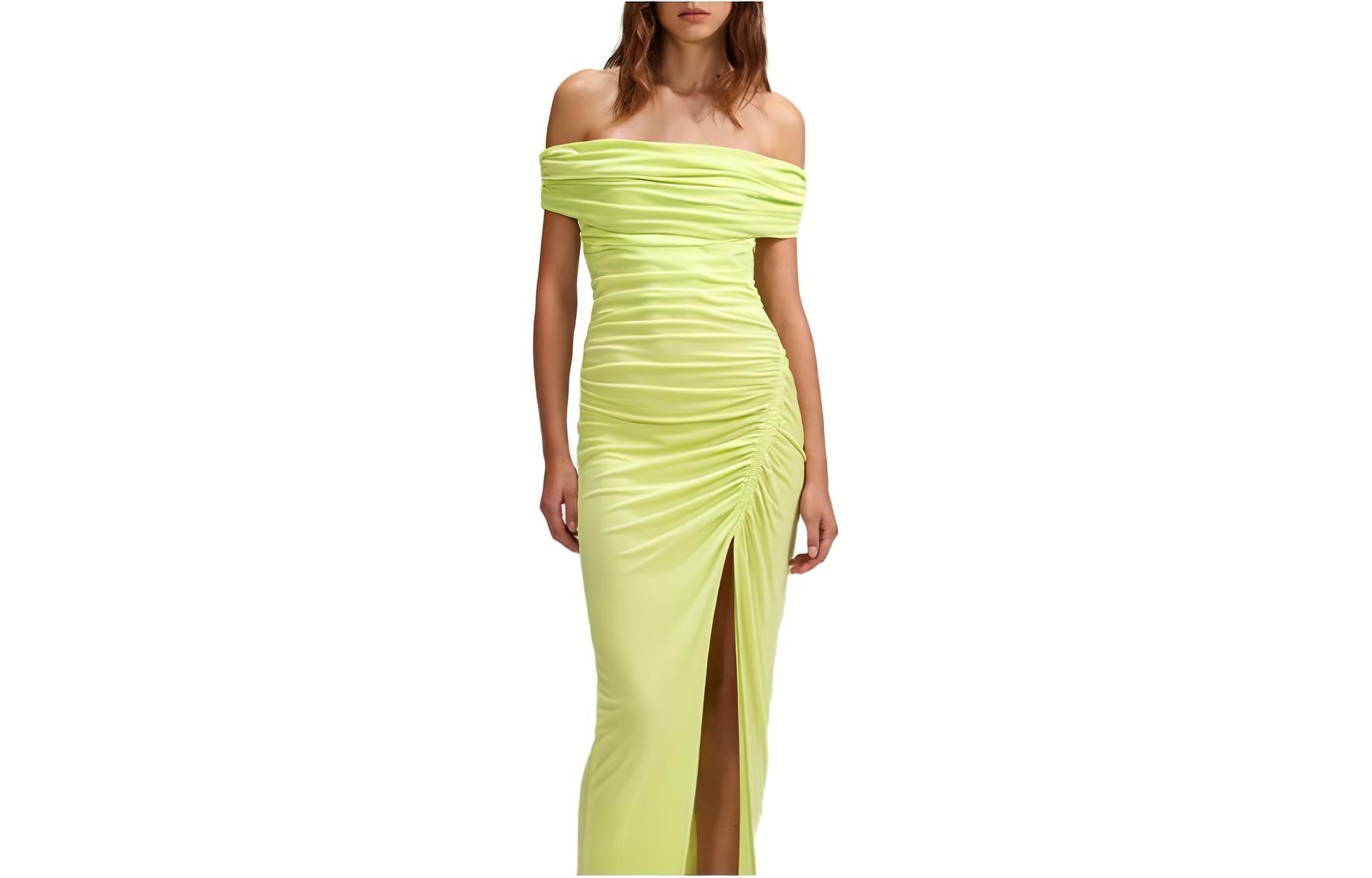 Self-Portrait Off-Shoulder Sleeveless Long Dress Solid Green. SWF342Y11000