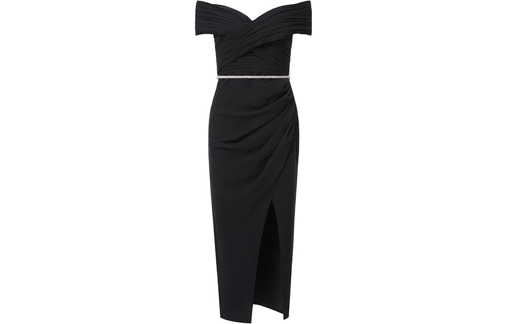 Self-Portrait Off-Shoulder Slim Fit Midi Dress with Slit in Classic Black. SWF344Y16100