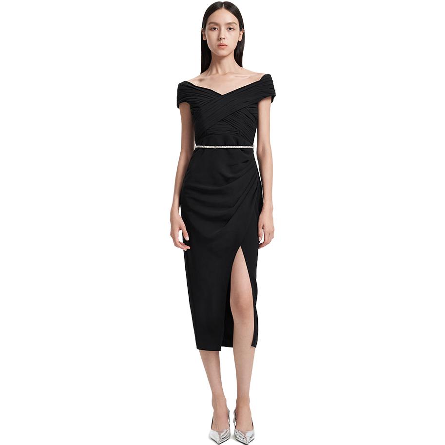 Self-Portrait Off-Shoulder Slim Fit Midi Dress with Slit in Classic Black. SWF344Y16100 圖 3