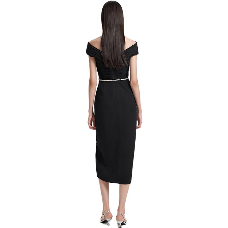 Self-Portrait Off-Shoulder Slim Fit Midi Dress with Slit in Classic Black. SWF344Y16100 圖 4
