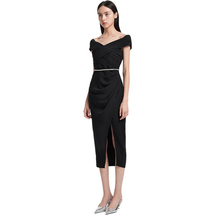 Self-Portrait Off-Shoulder Slim Fit Midi Dress with Slit in Classic Black. SWF344Y16100 圖 5
