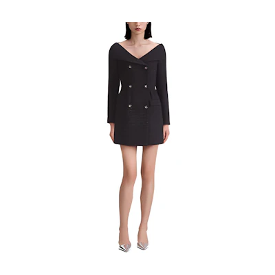 Self-Portrait PF23 Black Classic Slim Fit V-Neck Off-Shoulder Long Sleeve Dress. SWF343Y10500911