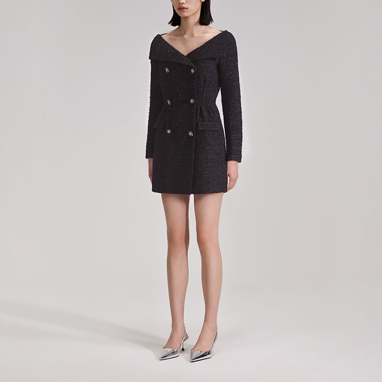 Lookbook Self-Portrait PF23黑色经典修身V领露肩长袖连衣裙 SWF343Y10500911