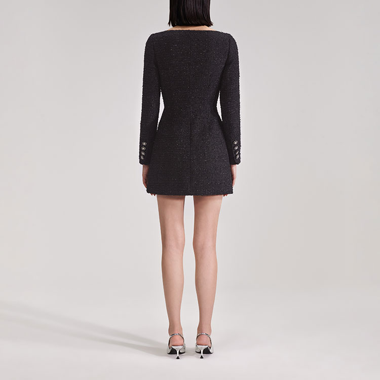 Shop Self-Portrait PF23黑色经典修身V领露肩长袖连衣裙 SWF343Y10500911