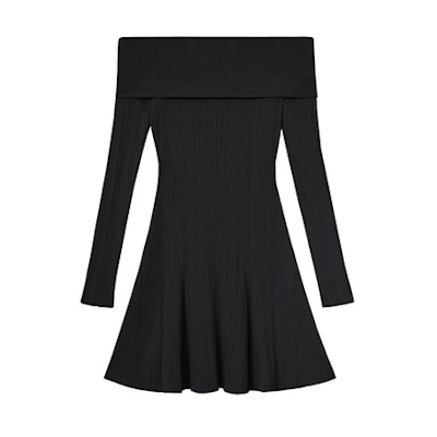 Self-Portrait PF23 Off-Shoulder Long Sleeve Mini Dress in Black. SWF343M02100911