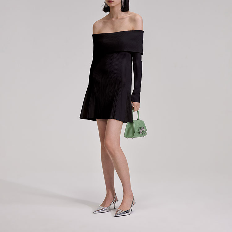 Purchase Self-Portrait PF23 黑色露肩長袖迷你洋裝 SWF343M02100911