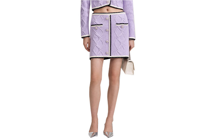 Self-Portrait PF23 Purple Ribbed Knit Mid-Waist Relaxed Fit Skirt. SWF343M01700609