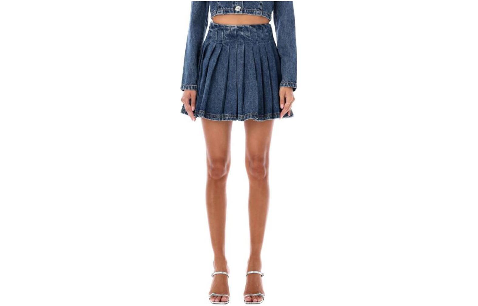 Self-Portrait Pleated Denim Mini Skirt Blue AW23823SKBLBLUE