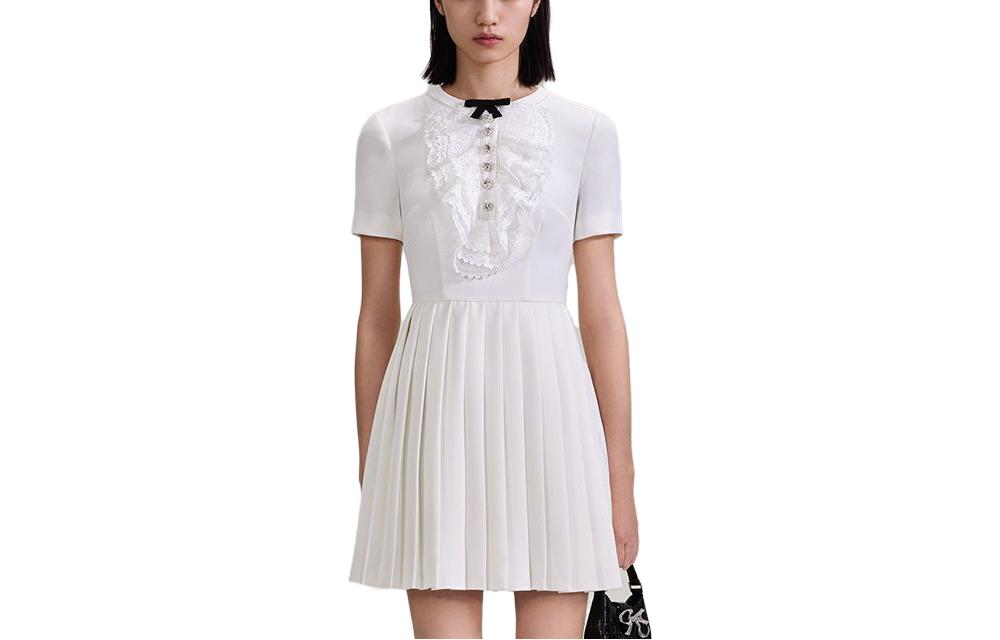 Self-Portrait Pleated Lace Bow-Tie Short Sleeve Dress in Pure White SWF343Y02600