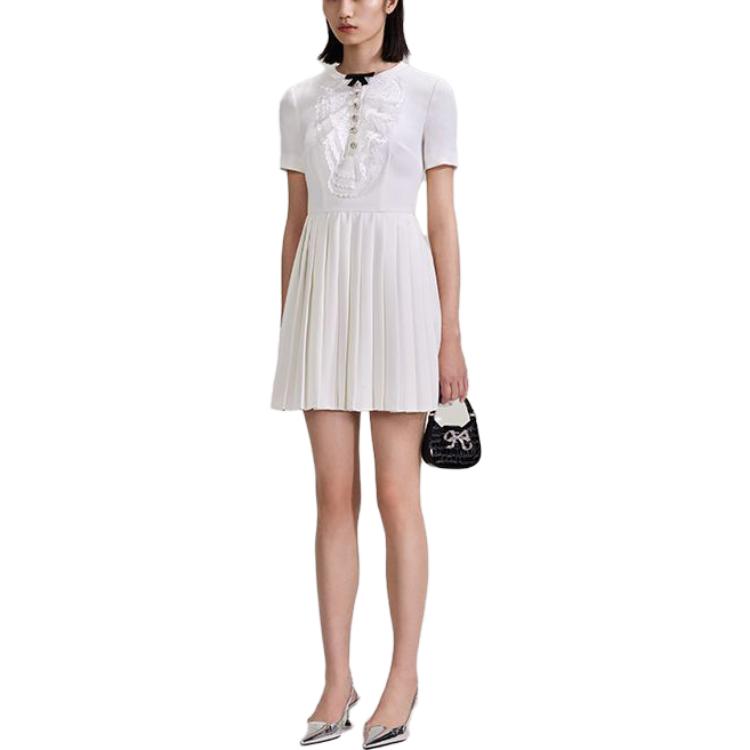 Self-Portrait Pleated Lace Bow-Tie Short Sleeve Dress in Pure White SWF343Y02600 圖 3