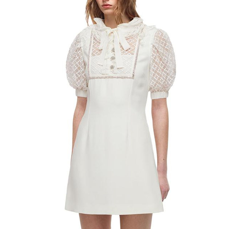 Lookbook Self-Portrait 蓬袖蝴蝶結迷你洋裝 - 純白色 SWF324Y10600