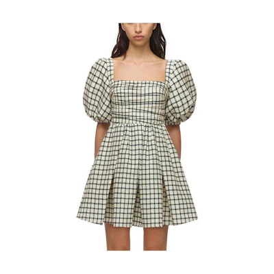 Self-Portrait Puff Sleeve Plaid Taffeta A-Line Dress Beige. SWF323Y05900