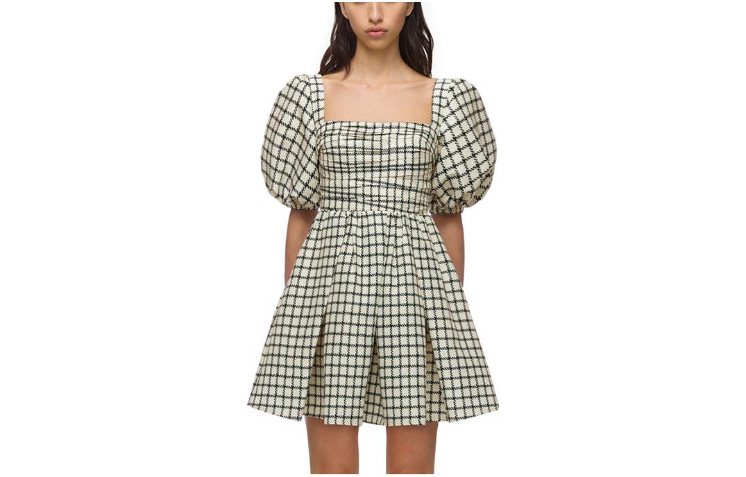 Order Self-Portrait Puff Sleeve Plaid Taffeta A-Line Dress Beige. SWF323Y05900