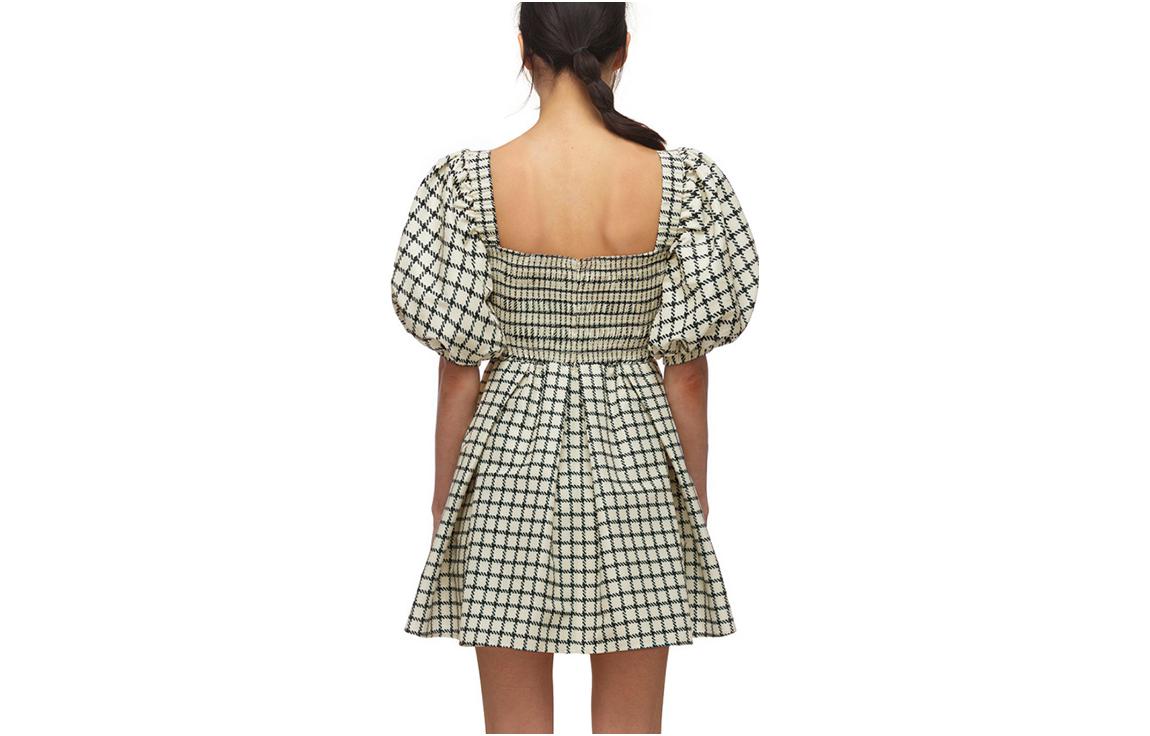 Lookbook Self-Portrait Puff Sleeve Plaid Taffeta A-Line Dress Beige. SWF323Y05900