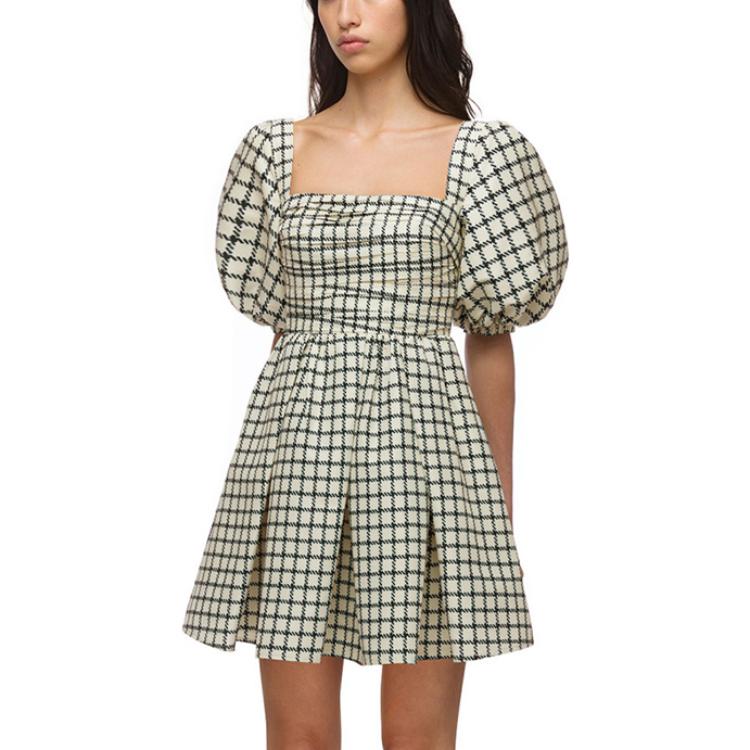 Shop Self-Portrait Puff Sleeve Plaid Taffeta A-Line Dress Beige. SWF323Y05900