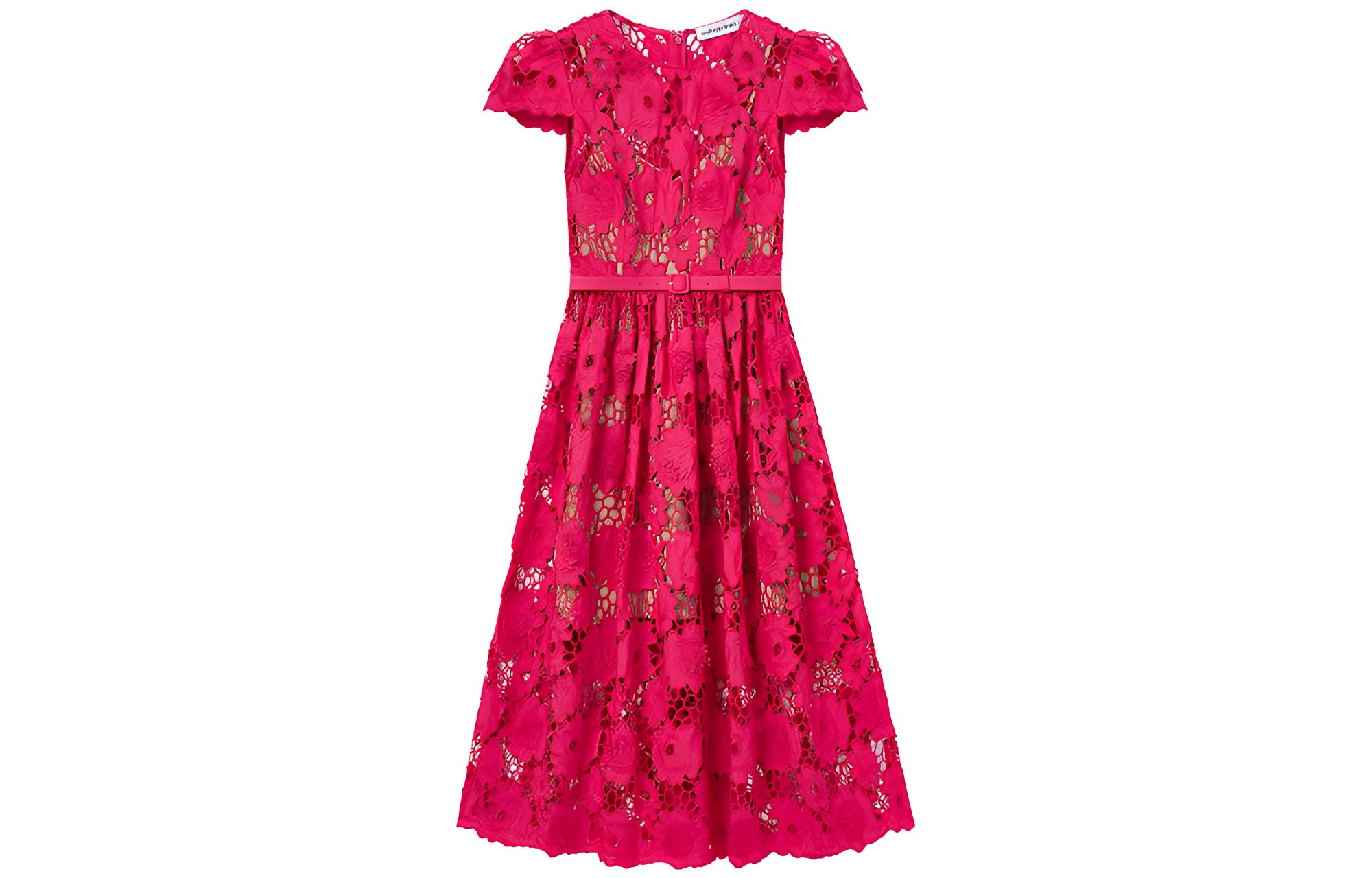 Self-Portrait Red Lace Midi Dress Short Sleeve Round Neck Elegant Style SWF343Y05200