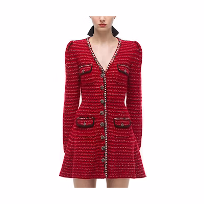 Self-Portrait Red V-Neck Knit Long-Sleeve A-Line Dress Elegant Style SWF324M15600