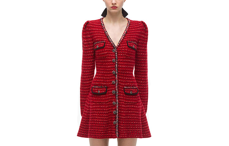 Self-Portrait Red V-Neck Knit Long-Sleeve A-Line Dress Elegant Style SWF324M15600 圖 2