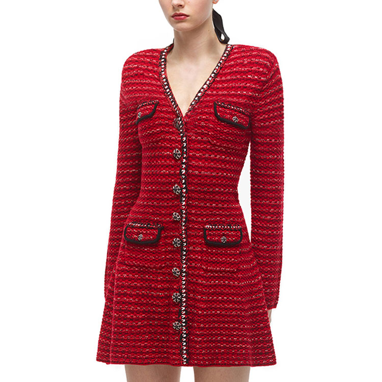 Self-Portrait Red V-Neck Knit Long-Sleeve A-Line Dress Elegant Style SWF324M15600 圖 4