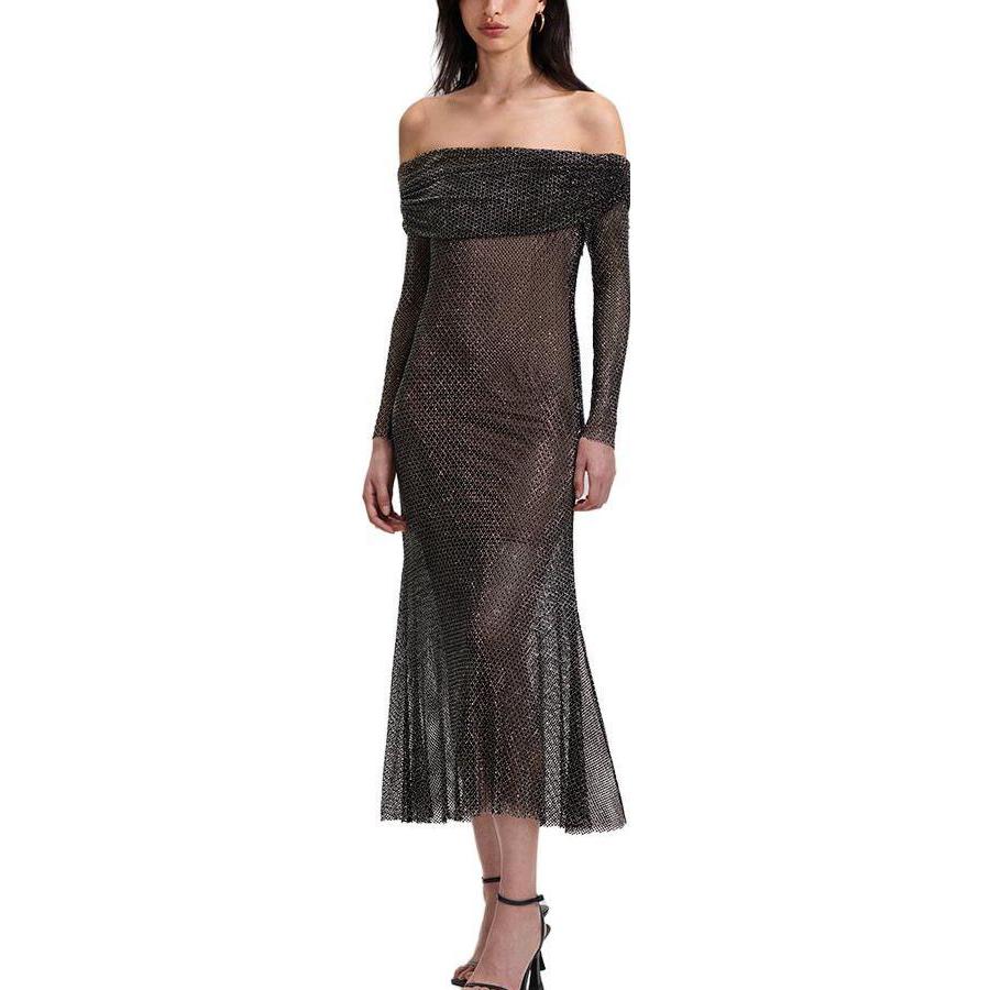 Self-Portrait Rhinestone Slim Off-Shoulder Long Sleeve Maxi Dress Black SWF343Y10300 圖 3