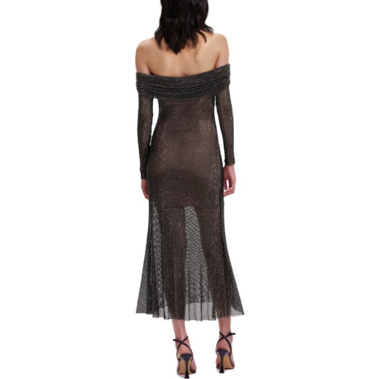 Self-Portrait Rhinestone Slim Off-Shoulder Long Sleeve Maxi Dress Black SWF343Y10300 圖 4