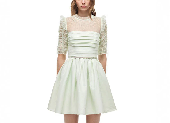 Self-Portrait Sheer Ruffle Detail Short Sleeve Dress Light Green AW21096JDE Buy Self-Portrait Sheer Ruffle Detail Short Sleeve Dress Light Green AW21096JDE