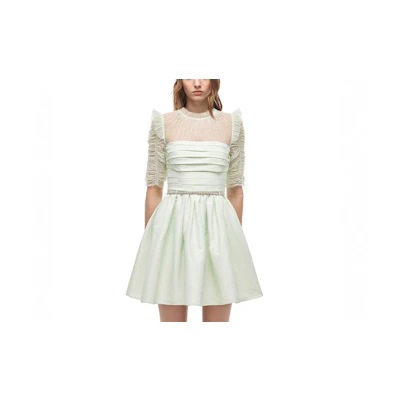 Self-Portrait Sheer Ruffle Detail Short Sleeve Dress Light Green AW21096JDE