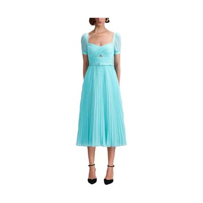 Self-Portrait Solid Square-Neck Cutout Short-Sleeve Dress Mist Blue SWF342Y21800