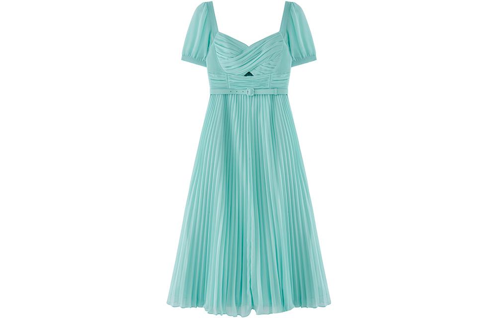 Shop Vestido Azul Niebla Self-Portrait Escote Cuadrado y Manga Corta con Recortes SWF342Y21800