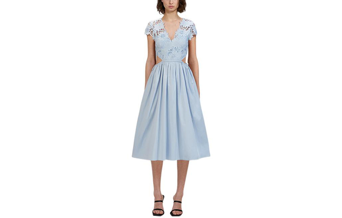 Self-Portrait Solid V-Neck Cutout Waist Short Sleeve A-Line Dress Mist Blue. SWF333Y04100