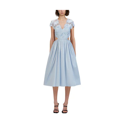 Self-Portrait Solid V-Neck Cutout Waist Short Sleeve A-Line Dress Mist Blue. SWF333Y04100