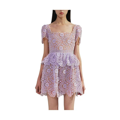 Self-Portrait Square Neck Lace Short-Sleeve Dress Lilac Purple. SWF342Y20100