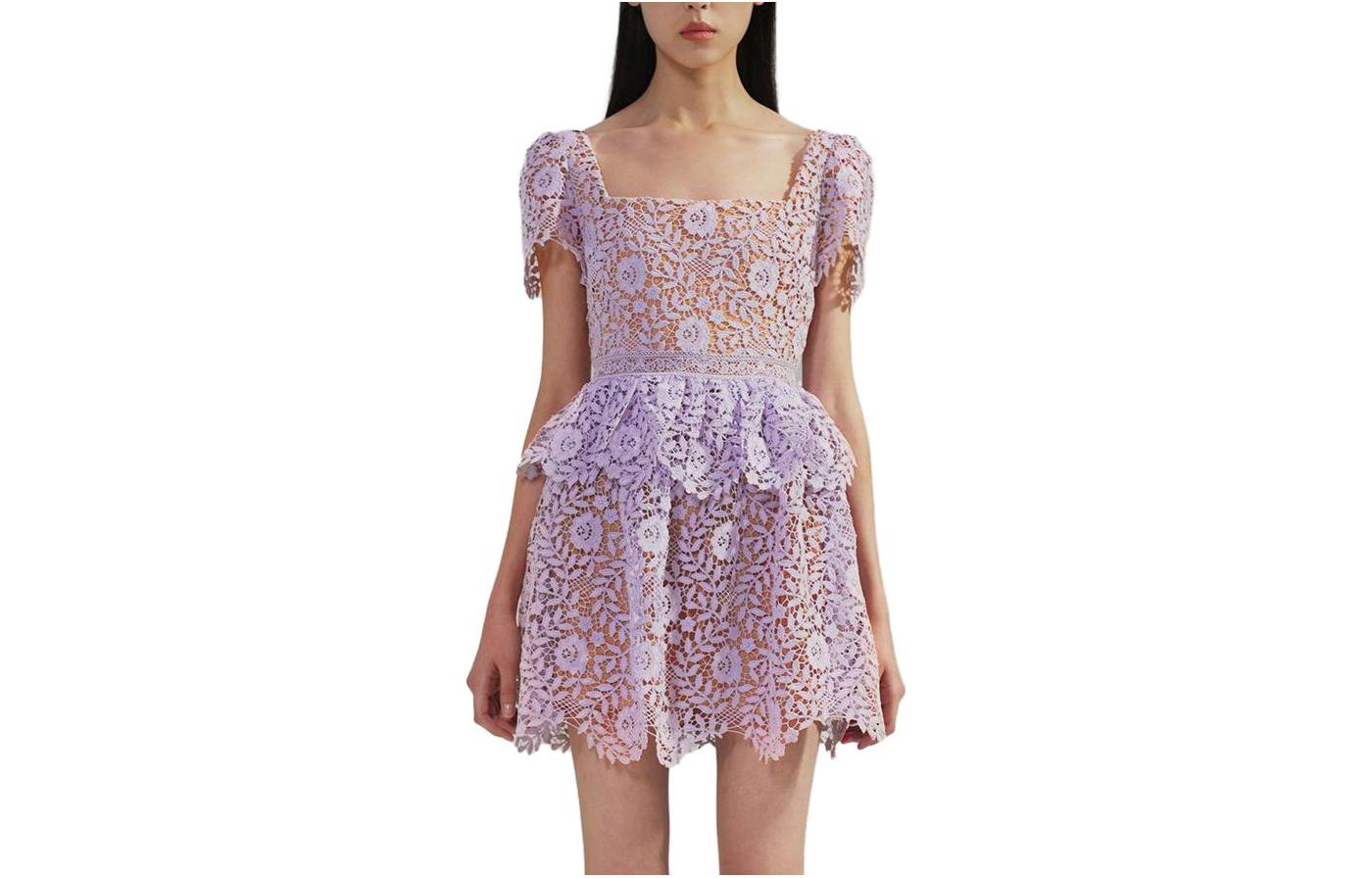 Self-Portrait Square Neck Lace Short-Sleeve Dress Lilac Purple. SWF342Y20100 圖 2