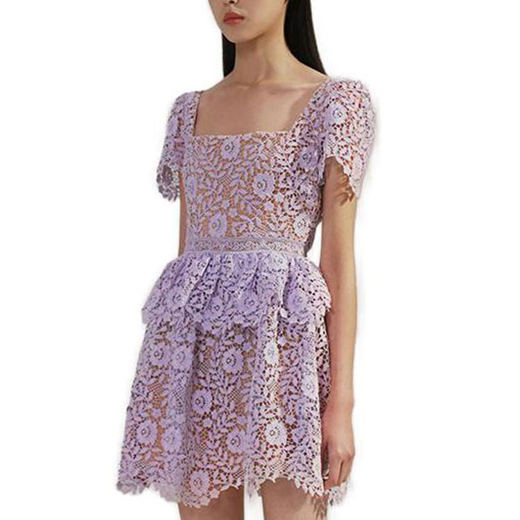 Self-Portrait Square Neck Lace Short-Sleeve Dress Lilac Purple. SWF342Y20100 圖 7