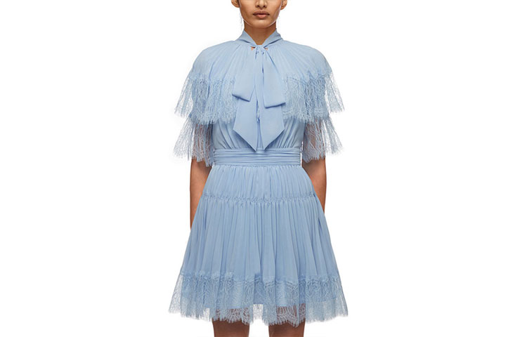 Self-Portrait SS21 Chiffon Tie Short Sleeve A-Line Dress Blue SWF321Y03300-491172