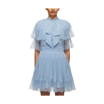 Self-Portrait SS21 Chiffon Tie Short Sleeve A-Line Dress Blue SWF321Y03300-491172