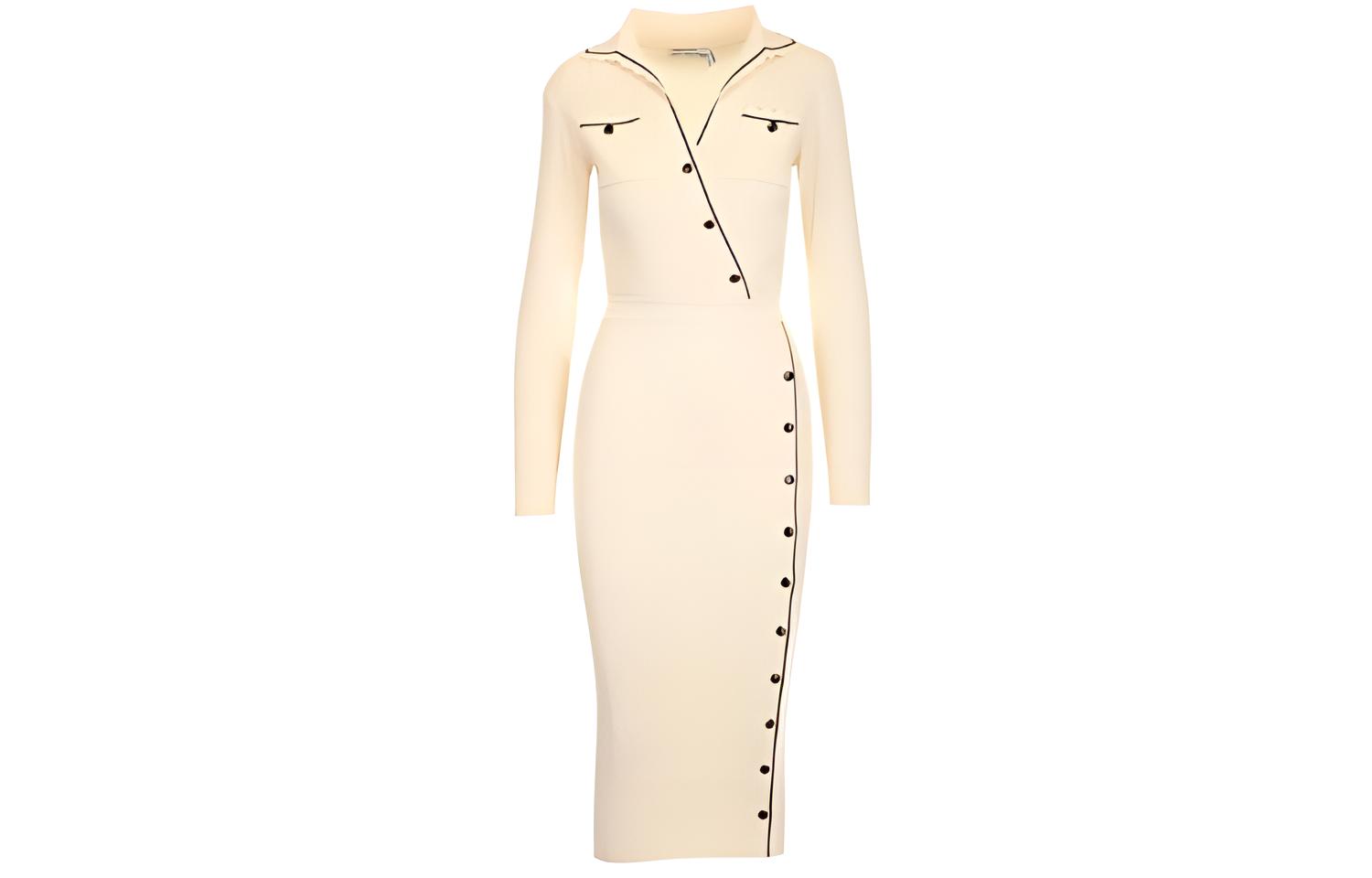 Self-Portrait SS22 Beige Long-Sleeve Collared Solid Color Dress SS22-144IVORY