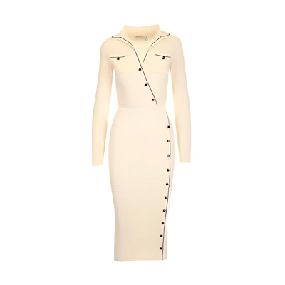 Self-Portrait SS22 Beige Long-Sleeve Collared Solid Color Dress SS22-144IVORY