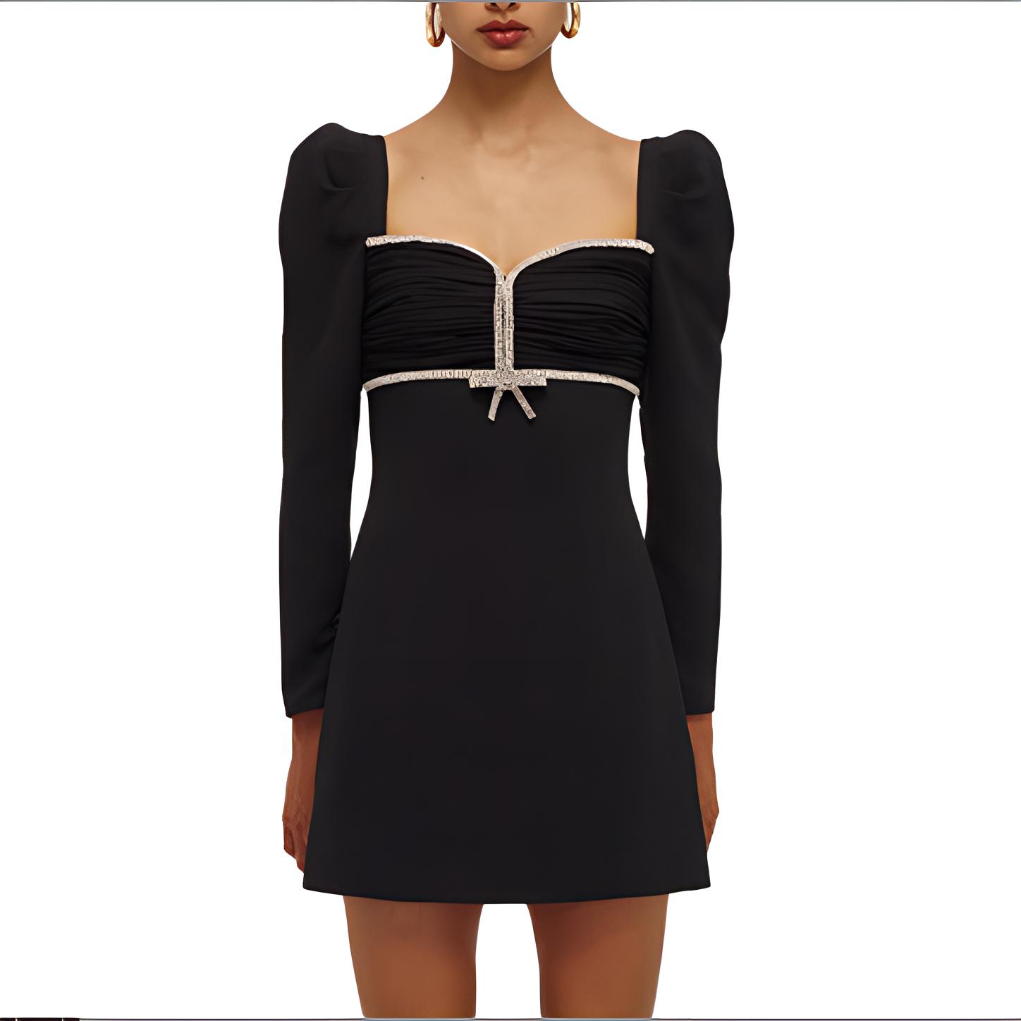 Self-Portrait SS22 Black Square Neck Rhinestone Long Sleeve Dress Gift Idea SWF331Y02700